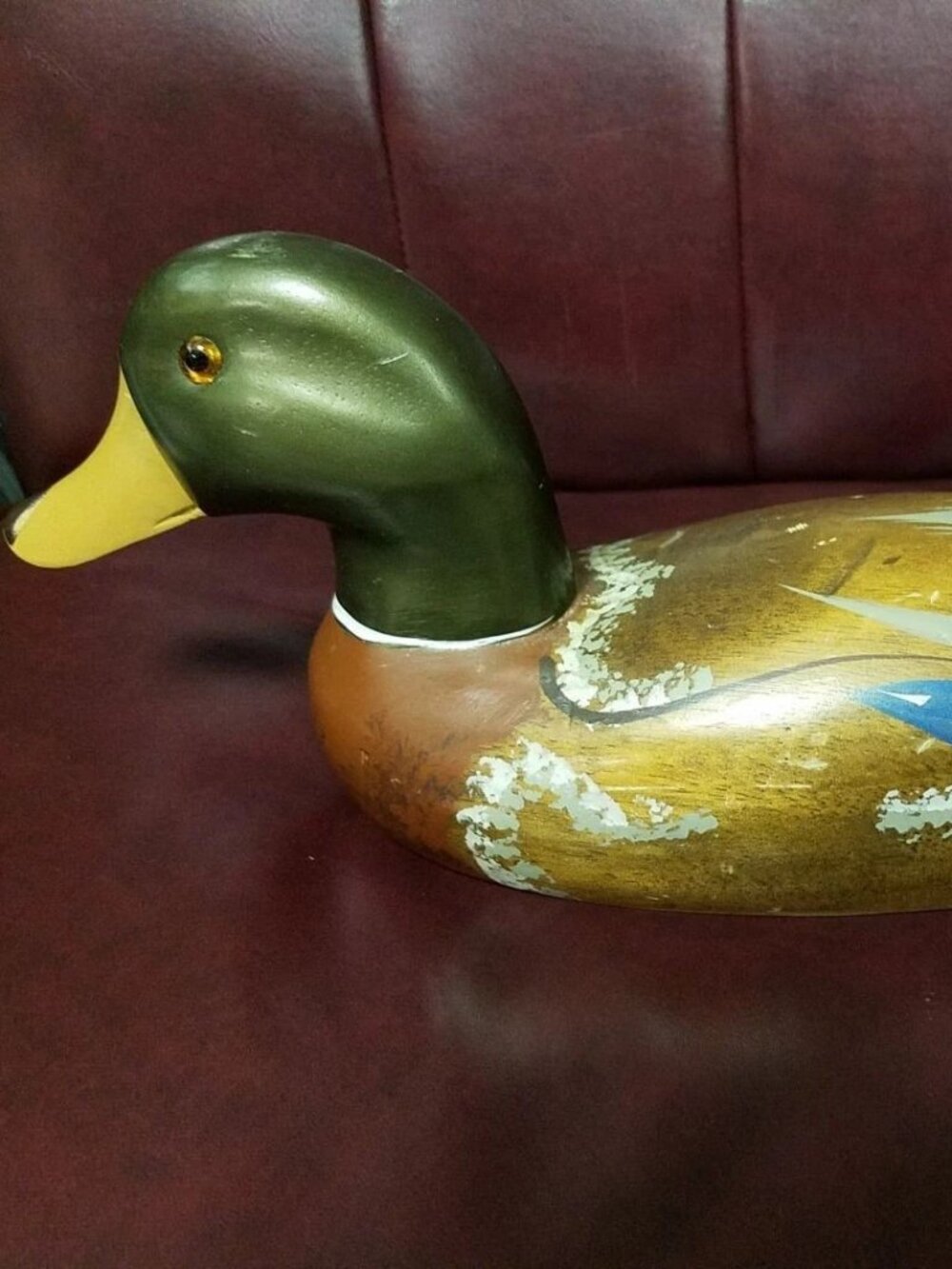 Vintage Wooden Mallard Duck Figure Hand Painted Glass Eyes